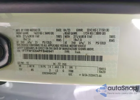 2023 Ford F-150 Xlt z USA, uszkodzony, nr VIN 1FTFW1E84PFB46941